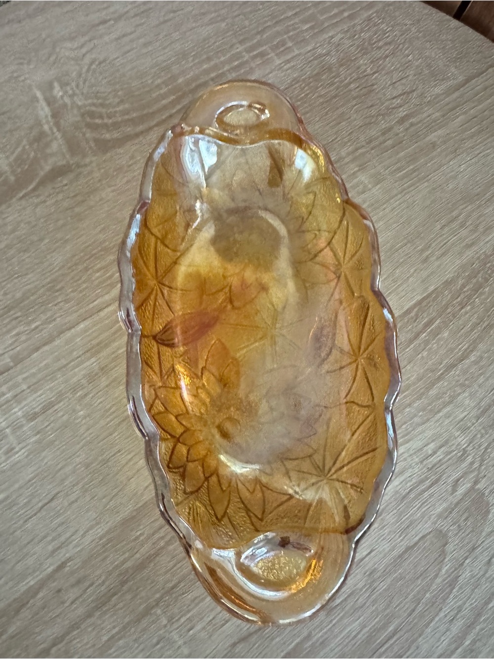 Iridescent Amber Glass Floral Pattern Serving Relish Dish